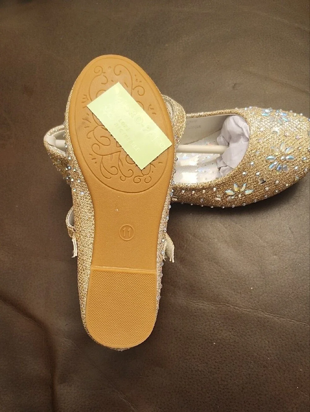 Girls' Gold Glitter Dress Shoes with Gem Accents